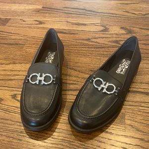 Black Ferragamo Loafer with silver buckle.   Never worn.   Size 8.5C